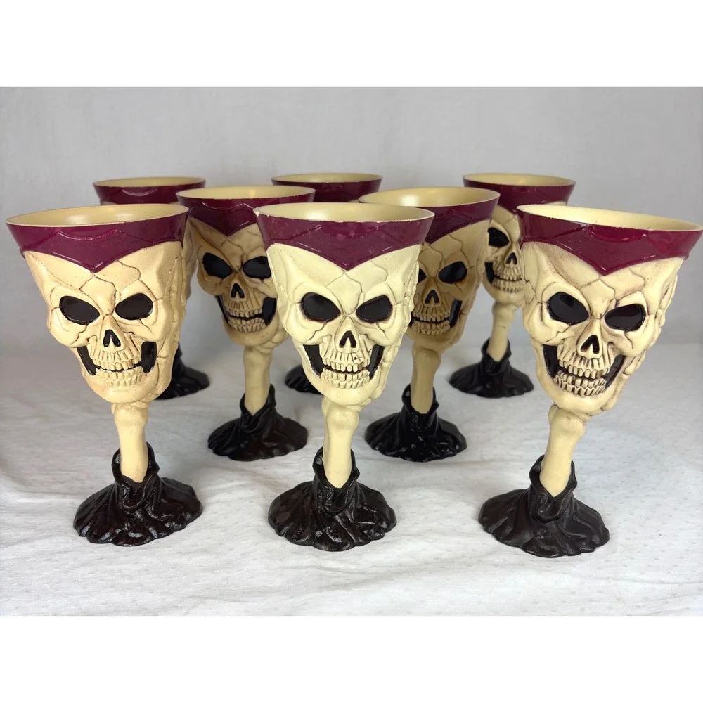 Vintage Halloween Skull Pirate Goblets Set of 8 Gothic Skeleton Chalice Cups